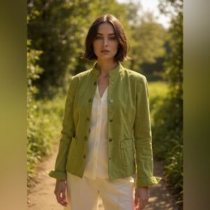 DAVID BROOKS LG AVOCADO GREEN SUEDE SHORT JACKET GOLD SNAPS ROLL UP CUFFS LINED